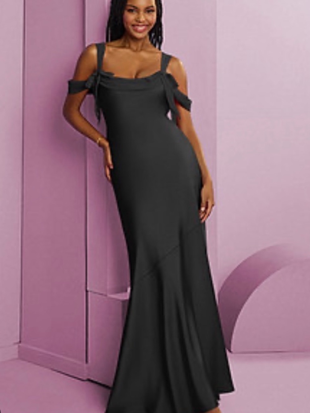 Azazie Black Off-Shoulder Maxi Dress with Tie-Strap Detail